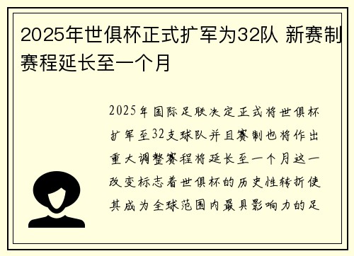 2025年世俱杯正式扩军为32队 新赛制赛程延长至一个月