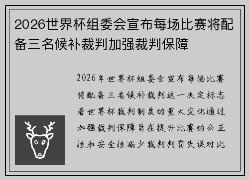 2026世界杯组委会宣布每场比赛将配备三名候补裁判加强裁判保障