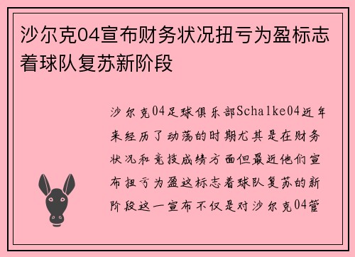沙尔克04宣布财务状况扭亏为盈标志着球队复苏新阶段