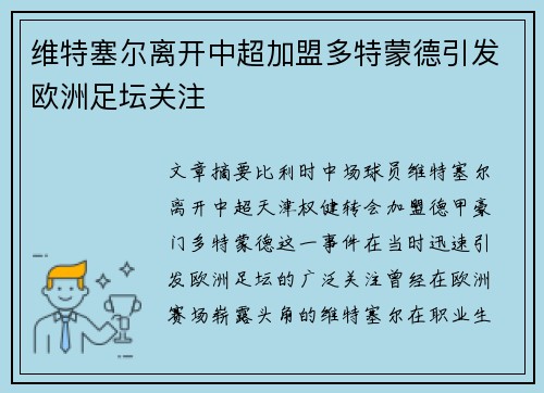 维特塞尔离开中超加盟多特蒙德引发欧洲足坛关注