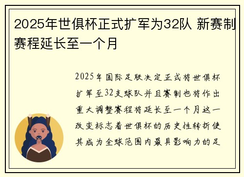2025年世俱杯正式扩军为32队 新赛制赛程延长至一个月